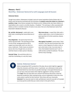 10
Glossary – Part 2
Word Play - Dickensian Names & Fun with Languages (Latin & Russian)
Dickensian Names
Though ma