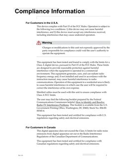 Rev AA
i
Compliance Information
For Customers in the U.S.A.
This device complies with Part 15 of the FCC Rules. Operatio