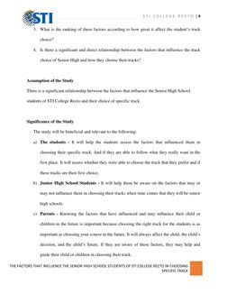 S T I C O L L E G E R E C T O | 4
THE FACTORS THAT INFLUENCE THE SENIOR HIGH SCHOOL STUDENTS OF STI COLLEGE RECTO IN CH