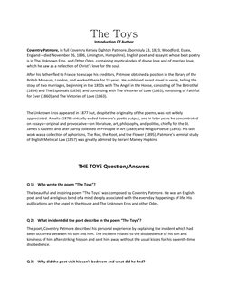 The Toys
Introduction Of Author
Coventry Patmore, in full Coventry Kersey Dighton Patmore, (born July 23, 1823, Woodford, Ess