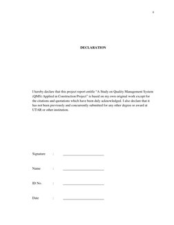 ii
DECLARATION
I hereby declare that this project report entitle “A Study on Quality Management System
(