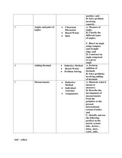 another; and
B. Solve problem
involving
capacity.
3.
Angles and pairs of
angles
Classroom
Discussion
Board Works
Quiz