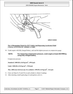 Fig. 4: Disengaging Clutch For M/T Vehicle And Depressing Accelerator Pedal
Courtesy of SUZUKI OF AMERICA CORP.
10. Crank eng