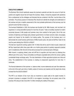 4
EXECUTIVE SUMMARY
The Business Plan should realistically assess the business’s potential and take into account of both