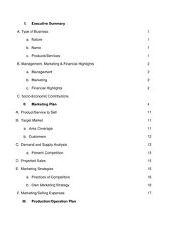 I.
Executive Summary
A. Type of Business
1
a. Nature
1
b. N