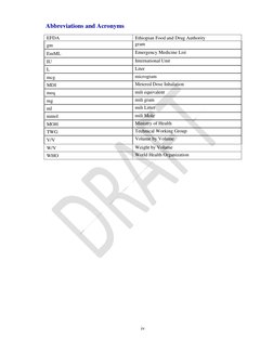 iv
Abbreviations and Acronyms
EFDA
Ethiopian Food and Drug Authority
gm
gram
EmML
Emergency Medicine List
IU