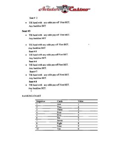 Seat # 2
•
TIE hand with any odds pay-off First BET.
Any bacldine BET
Seat #3
•
TIE hand with any odds pa