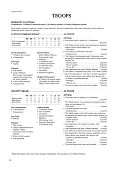 Imperial Armour
136
Unit Composition:
• 1 Platoon Commander
• 4 Guardsmen
Unit Type:
• Infantry
Wargear:
• Flak armour
• Lasg
