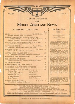No. 6
J u n i o r M e c h a n i c s
and
M o d e l A ir p l a n e N e w s
CONTENTS, JUNE, 1930
Page
JUM P!.................