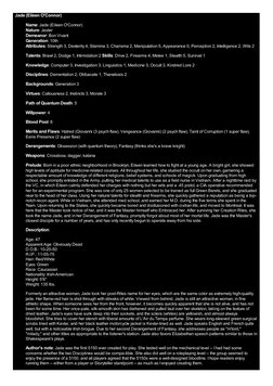 Jade (Eileen O'Connor)
Name: Jade (Eileen O'Connor)
Nature: Jester
Demeanor: Bon Vivant
Generation: 10th
Attributes: Strength