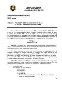 CHED MEMORANDUM ORDER (CMO)
No. 5
Series of 2008
SUBJECT: POLICIES AND STANDARDS FOR BACHELOR