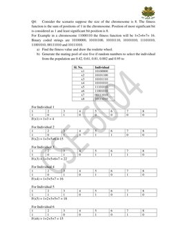 Q4:
Consider the scenario suppose the size of the chromosome is 8. The fitness
function is the sum of positions of 1 in
