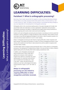 LEARNING DIFFICULTIES:
Factsheet 7: What is orthographic processing?
Becoming a fluent reader requires both the capacity to u