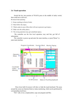 3.4 Teach operation
Switch the key into position of TEACH, press in the middle of safety switch,
then could move each axis.