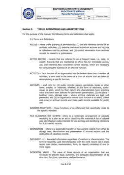 SOUTHERN LEYTE STATE UNIVERSITY
PROCEDURES MANUAL
Records Management
Office
Ref.
Rev.
Effectivity Date
Records Manag