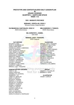 ii
PROTOTYPE AND CONTEXTUALIZED DAILY LESSON PLAN
IN
GRADE 6 SCIENCE
QUARTER 4 – EARTH AND SPACE
WEEK 1-10
SDO -