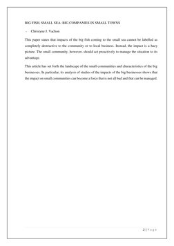 2 | P a g e
BIG FISH, SMALL SEA: BIG COMPANIES IN SMALL TOWNS
-
Christyne J. Vachon
This paper states th