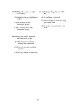 48. (A) Why early societies needed to
measure time
(B) Similarities between obelisks and
sundials
(C) The evolution of ea