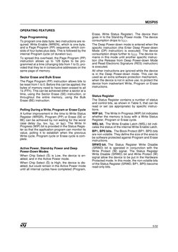 5/32
M25P05
OPERATING FEATURES
Page Programming
To program one data byte, two instructions are re-
quired: Write Enable (WREN