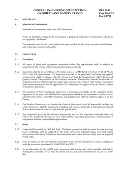 GENERAL ENGINEERING SPECIFICATION
OVERHEAD AND GANTRY CRANES
GES M.11
Page 10 of 15
Rev 0 1999
4.0
MATERIALS
4