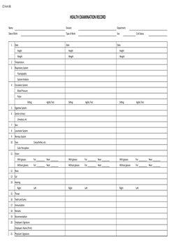 CS Form 86
HEALTH EXAMINATION RECORD
Name:
Division:
Department:
Date of Birth:
Type of Work:
Sex:
Civil Status:
1
Date:
Date