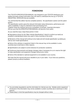 — 2 —
This TOYOTA SPECIFICATION MANUAL was designed to give TOYOTA distributors and
dealers the basic product information th