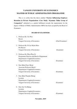 YANGON UNIVERSITY OF ECONOMICS
MASTER OF PUBLIC ADMINISTRATION PROGRAMME
This is to certify that this thesis entitled “Fa