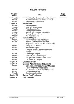 TABLE OF CONTENTS
Chapter/
Article
Title
Page
Number
Article S.
Permit Fee For Circus And Other Parades
Article T.
Permit Fee