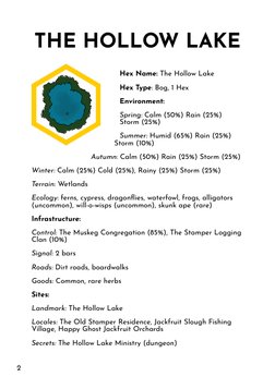 2
THE HOLLOW LAKE
Hex Name: The Hollow Lake
Hex Type: Bog, 1 Hex
Environment:
Spring: Calm (50%) Rain (25%)
Storm (25%)
Summe
