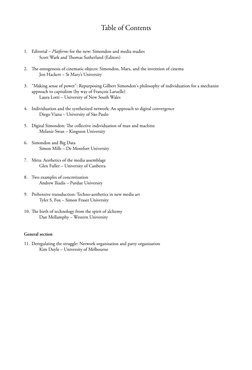 Table of Contents
1.
Editorial – Platforms for the new: Simondon and media studies
Scott Wark and Thomas Sutherland (Editor