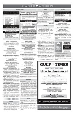 CLASSIFIED
ADVERTISING
1
Wednesday, March 13, 2019
Gulf Times
SITUATION VACANT
TENDER
FOR SALE
BUSINESS
More Classified cont