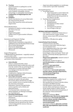 b. Traction
-
Caused by tension or pulling force on the
delicate retina
-
Develop fibrous scar tissue from conditions
s