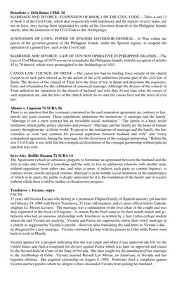 Benedicto v. Dela Rama 3 Phil. 34
MARRIAGE AND DIVORCE; SUSPENSION OF BOOK 1 OF THE CIVIL CODE.—Titles 4 and 12
of book 1 o