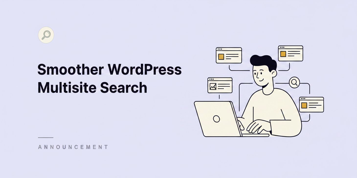 imagen destacada - SearchWP Banner de anuncio: 'Búsqueda más fluida en WordPress Multisite' con una ilustración de una persona en un portátil y ventanas web flotando alrededor.