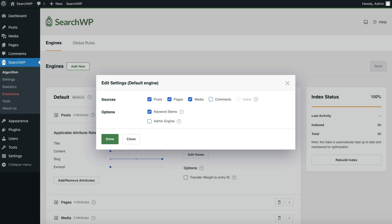 searchwp-algorithm-engine-settings - SearchWP Screenshot of SearchWP's Engine Settings dialog