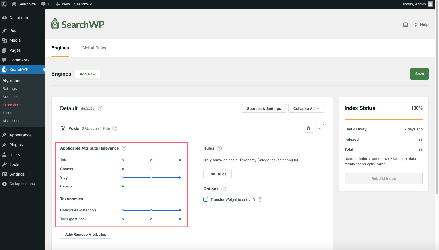 searchwp-algorithm-engine-weights - SearchWP Screenshot highlighting weight adjustment