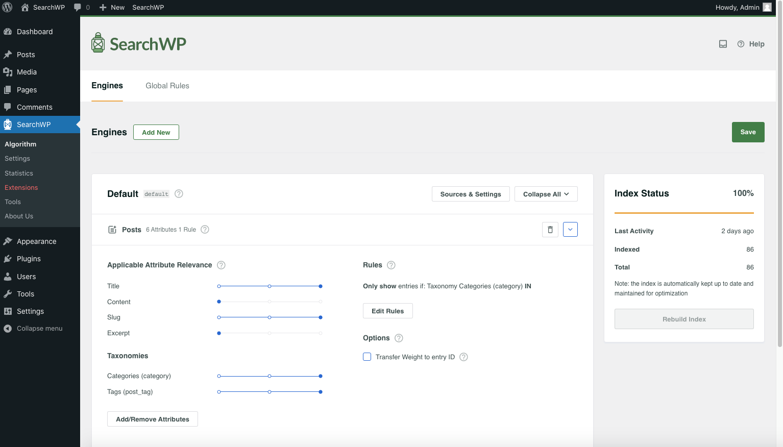 searchwp-algorithm-engines - SearchWP Screenshot of SearchWP's Engine settings