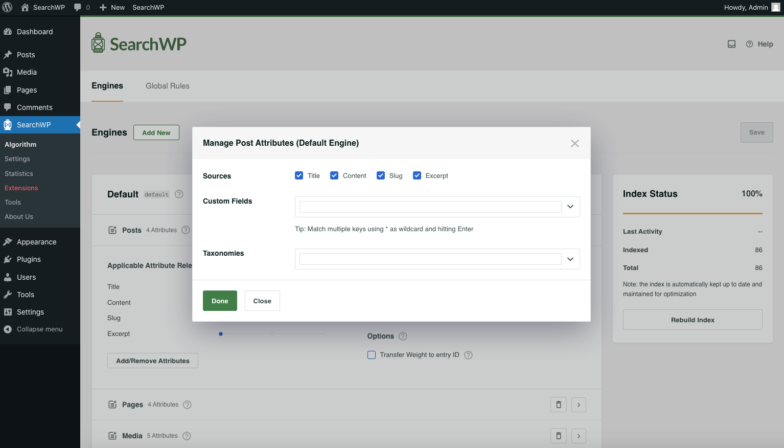 searchwp-algorithm-source-attributes - SearchWP Screenshot of Source Attribute management