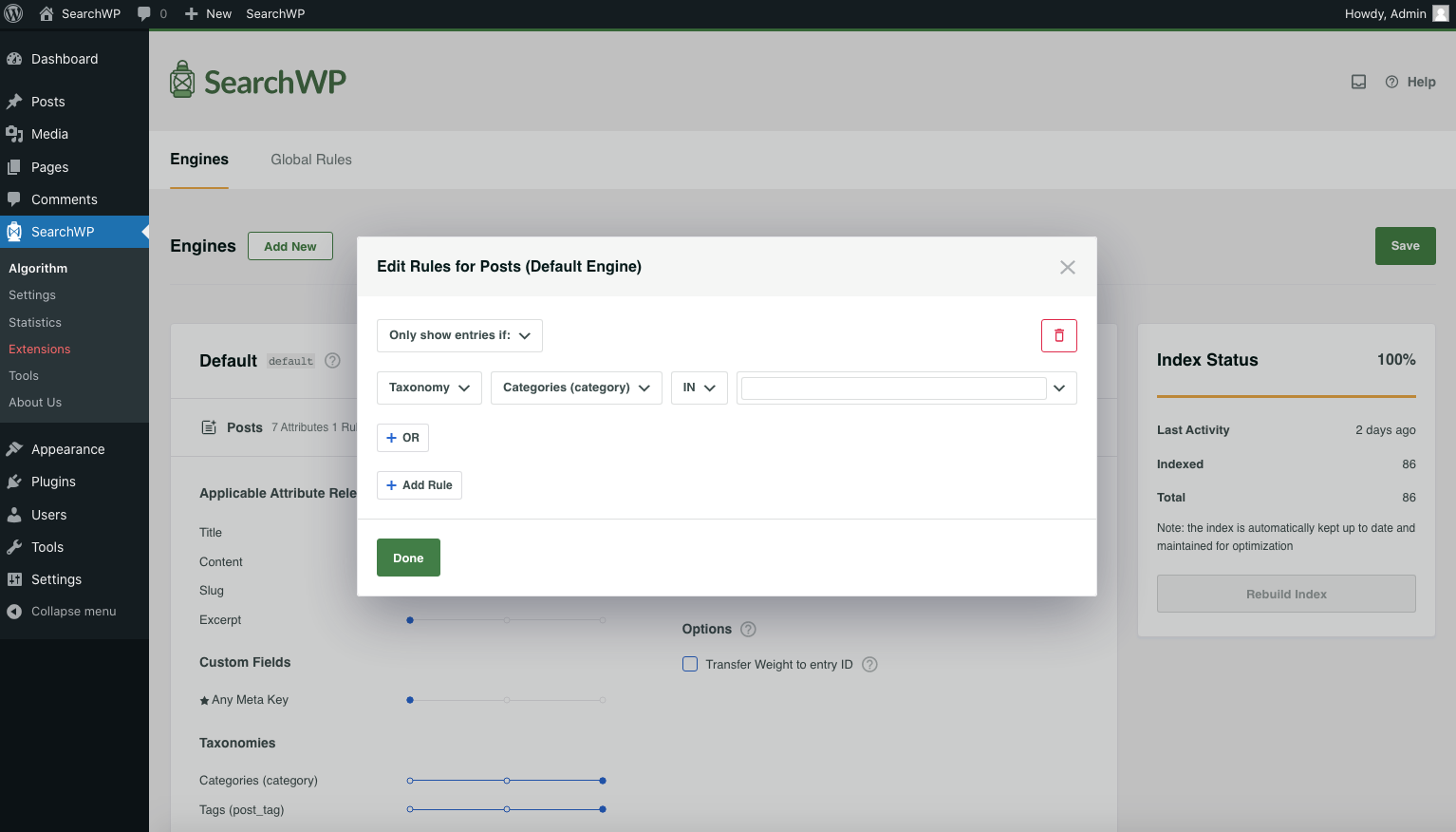 searchwp-algorithm-source-rules - SearchWP Screenshot of SearchWP Engine Source Rules management