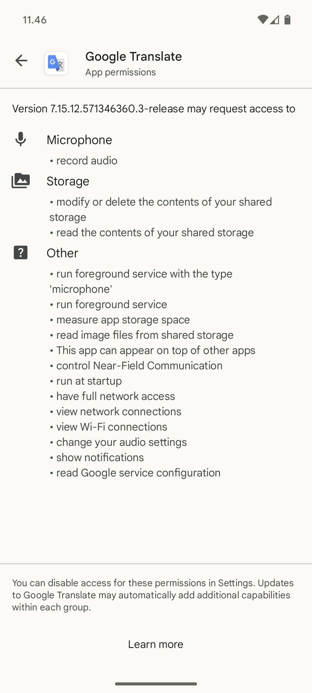 應用程式安裝時的權限 -- Google 翻譯