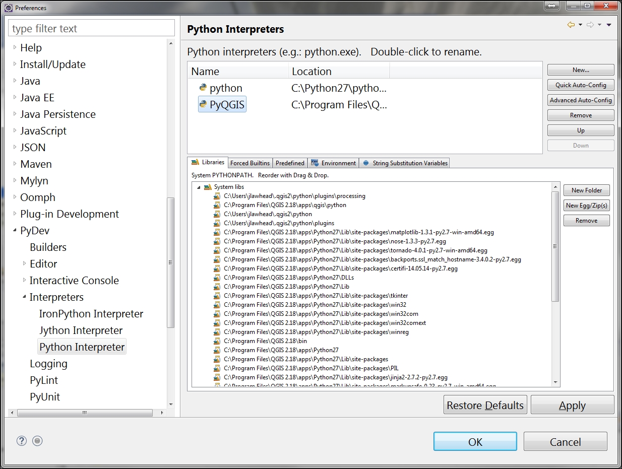 Adding the PyQGIS module paths to the interpreter