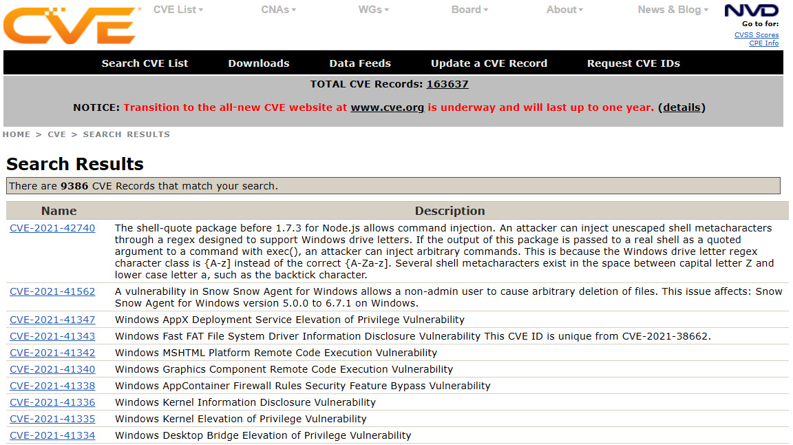 Figure 1.6 – CVE Windows search results 
