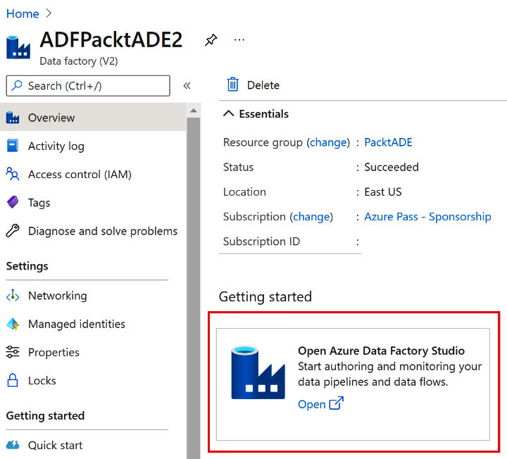 Figure 2.25 – Opening Azure Data Factory Studio
