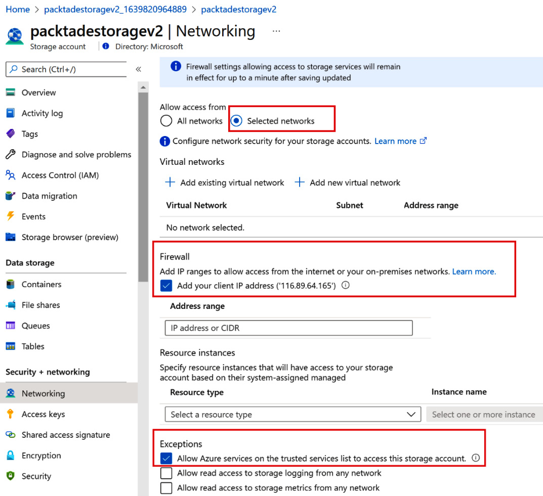 Figure 2.2 – The whitelist IPs in the Azure Storage Firewall section
