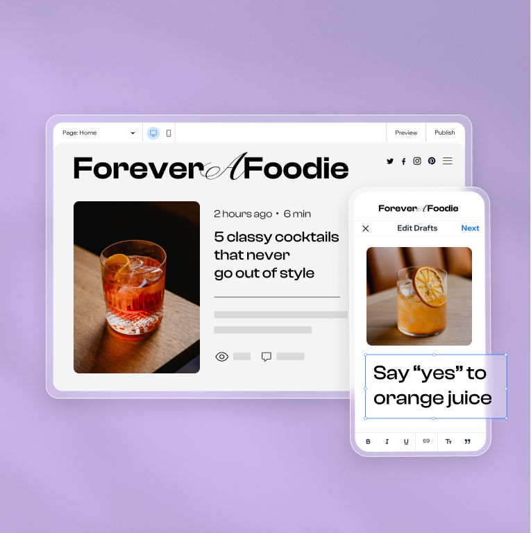 A food website’s blog using Wix to create a blog with appropriate titles for their cocktail-themed blog posts.