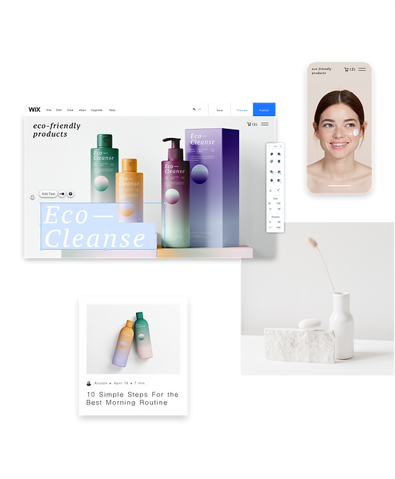 Сайт магазину товарів для догляду за шкірою в процесі створення в редакторі Wix. Інші компоненти, зокрема допис в блозі, вигляд сайту з мобільного та фото мила і вази для квітів.