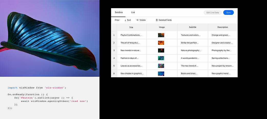 Задня частина сайту журналу з використанням технології Corvid, зокрема бази даних для створення декількох сторінок та власного коду.