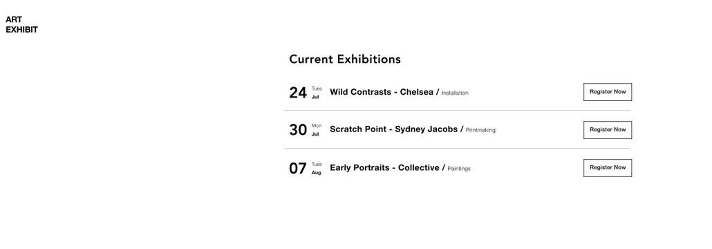 Сайт виставок, створений за допомогою Wix Events, з переліком майбутніх виставок та можливістю реєстрації.