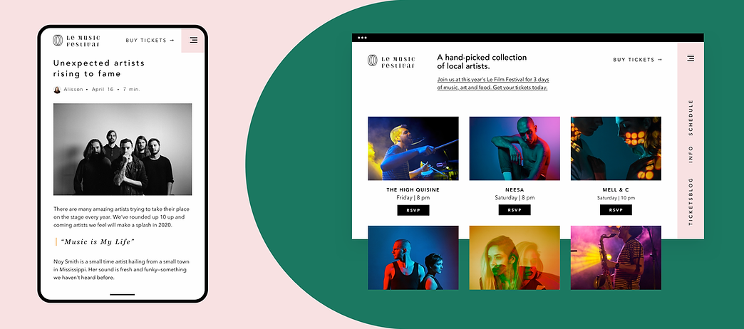 Сайт, створений на Wix для музичного фестивалю, який демонструє заходи, інтернет-магазин, мобільні функції та можливості блогу.