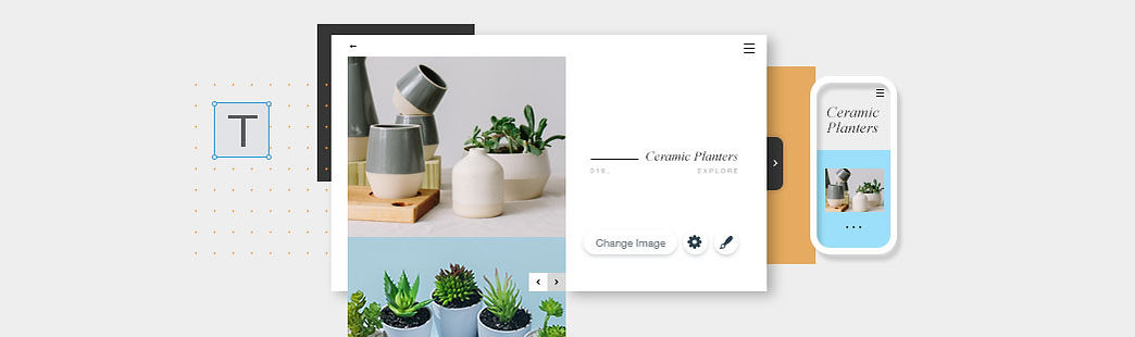 Інтернет-магазин керамічних горщиків в процесі редагування в редакторі Wix та його мобільна версія.